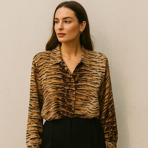 Vintage Fiji Zebra Silk Blouse Size M Brown Tan Relaxed Fit Button Front Career